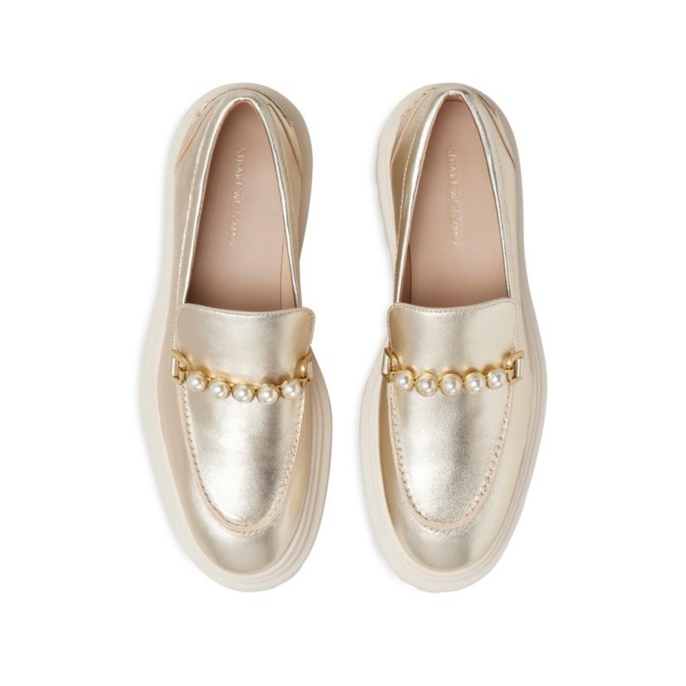 New Stuart Weitzman Perla Ultra Lug Sole Loafers Platino Gold Sz 7 - Picture 2 of 14